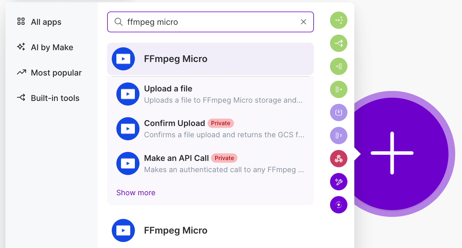 Searching for FFmpeg Micro in the Make.com app directory