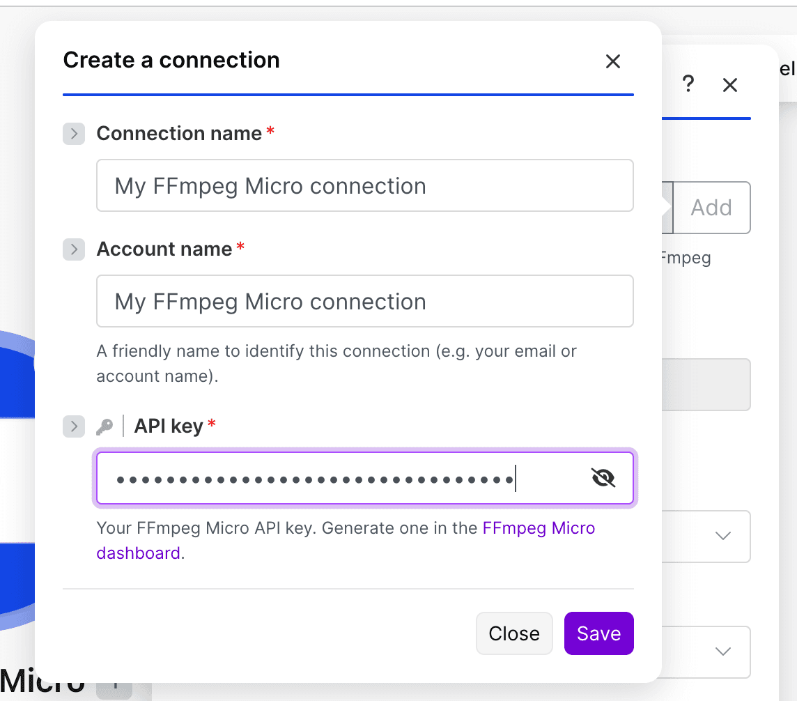Adding the FFmpeg Micro API key to a Make.com connection