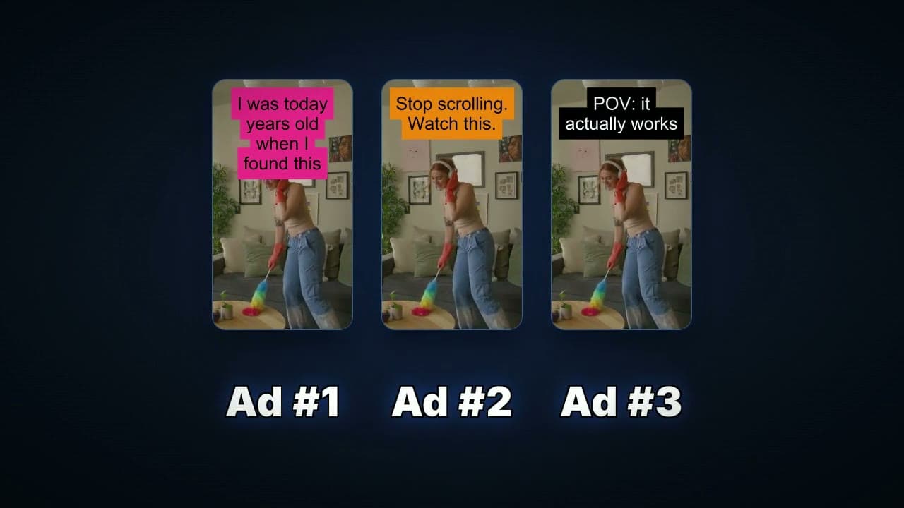 One video becoming three ad variants with different hook text